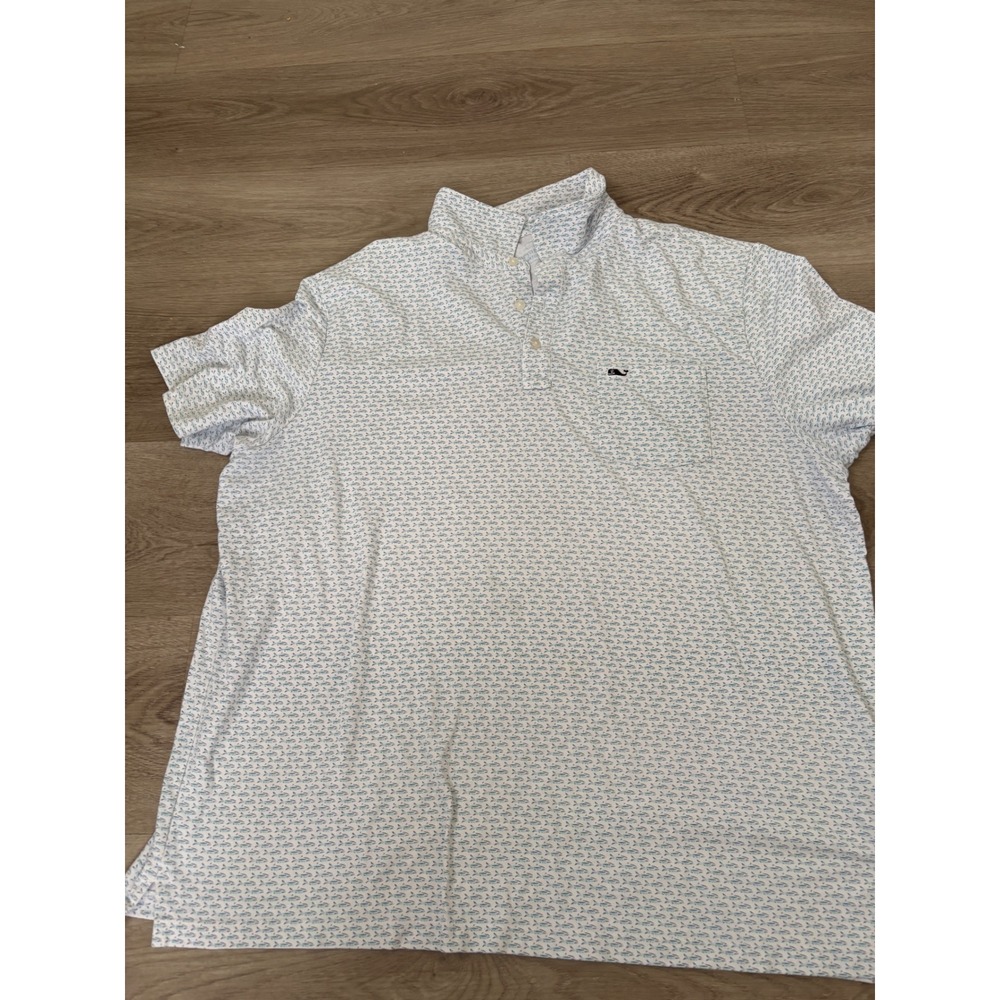 Vineyard Vines Edgartown Polo Mens XL White Blue Fish Print Pima Cotton Stretch